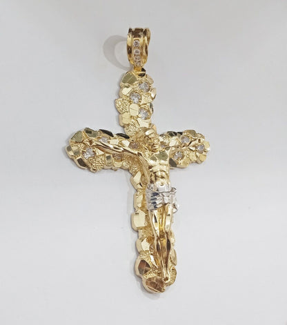 Real 14k Gold Nugget Jesus Crucifix Cross Charm Pendant 14kt Yellow Gold Men - GoldenlinQ
