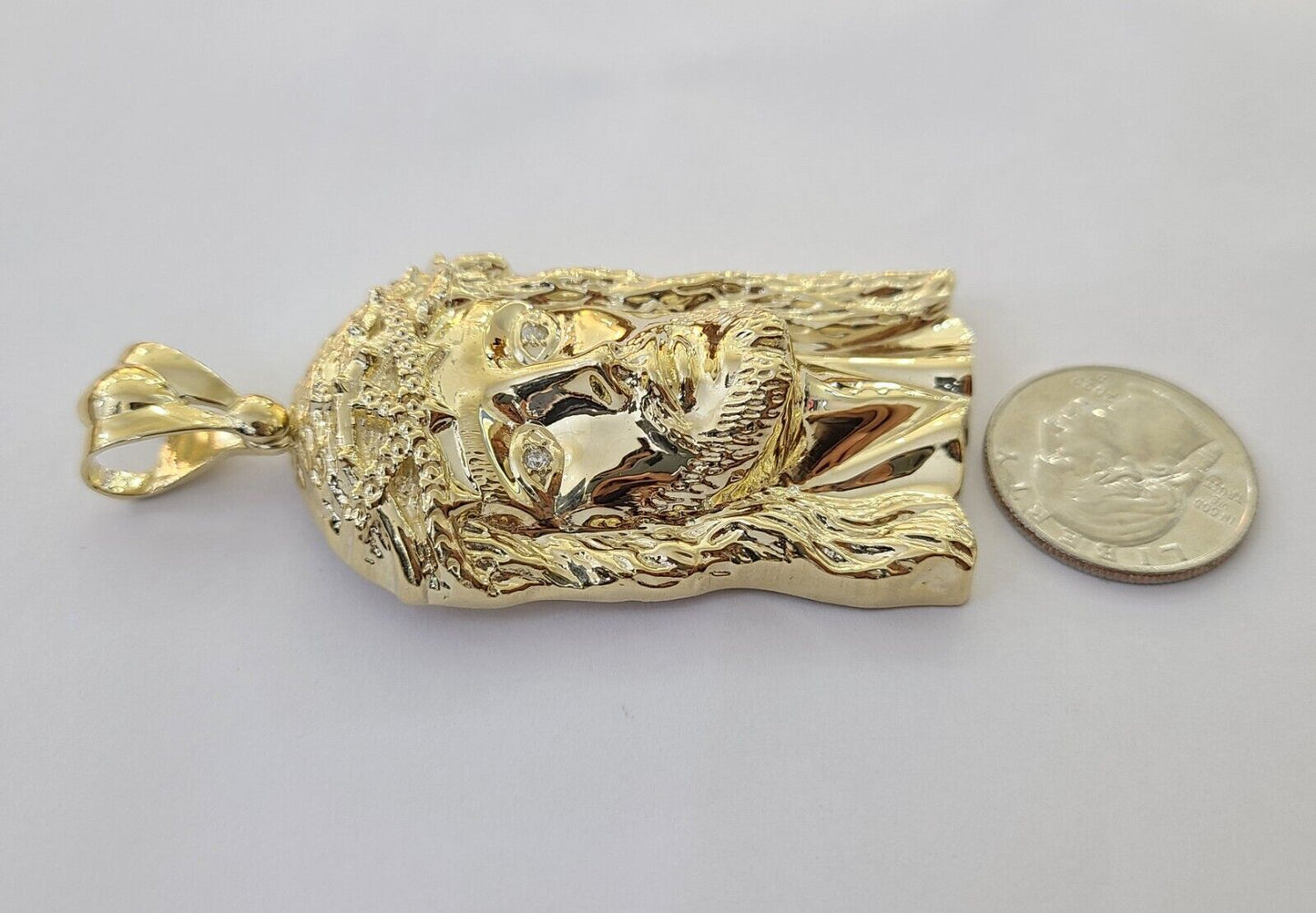 Real 14k Gold Pendant Jesus Head Charm 14kt Yellow Gold 3.1 Inch Long For Men's - Reva Jeweler