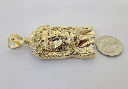 Real 14k Gold Pendant Jesus Head Charm 14kt Yellow Gold 3.1 Inch Long For Men's - Reva Jeweler