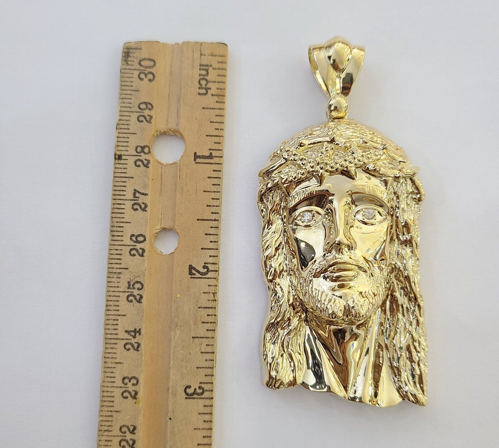 Real 14k Gold Pendant Jesus Head Charm 14kt Yellow Gold 3.1 Inch Long For Men's - Reva Jeweler