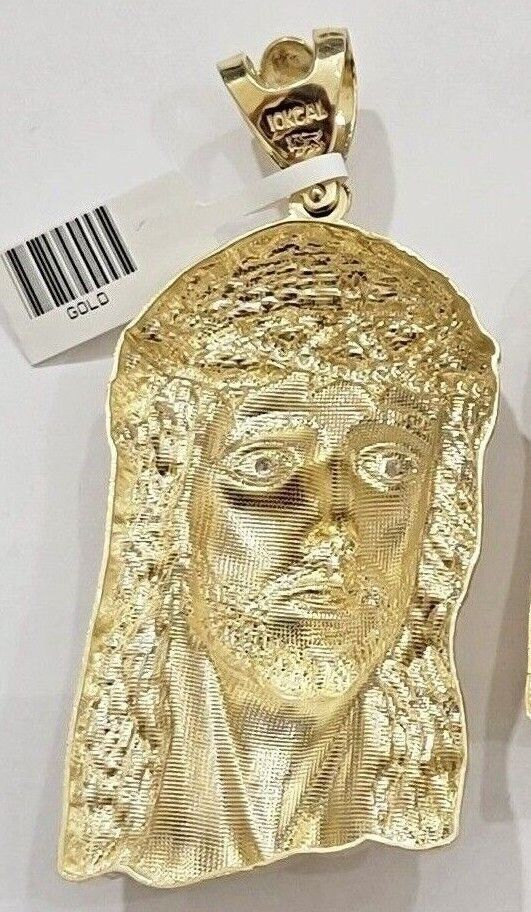 Real 14k Gold Pendant Jesus Head Charm 14kt Yellow Gold 3.1 Inch Long For Men's - Reva Jeweler