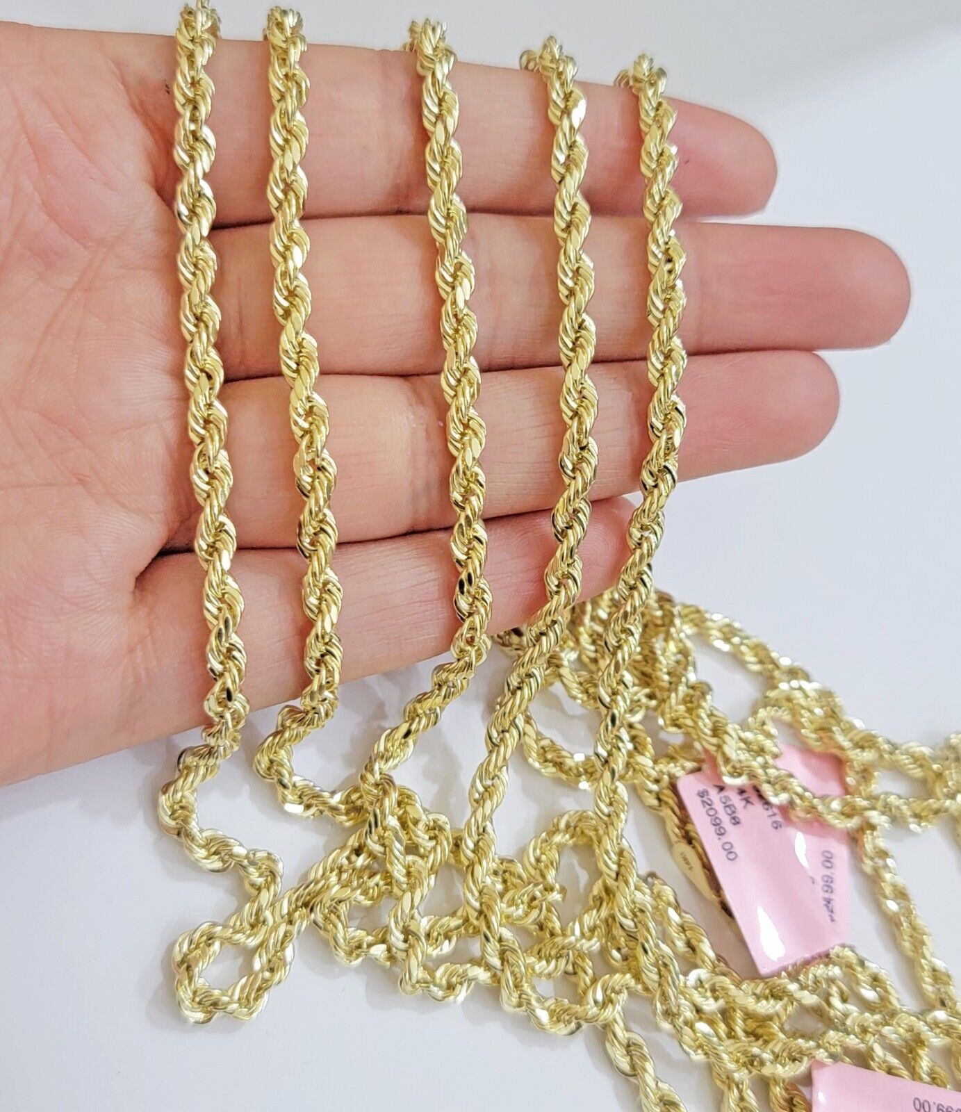 Real 14k Gold Rope chain 20 Inch 4mm Diamond Cuts 14kt Yellow Gold Men Women - Reva Jeweler