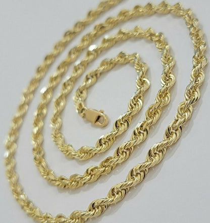Real 14k Gold Rope Chain Necklace 4mm 18 - 26 Inch Diamond cuts 10kt Men Women - Reva Jeweler