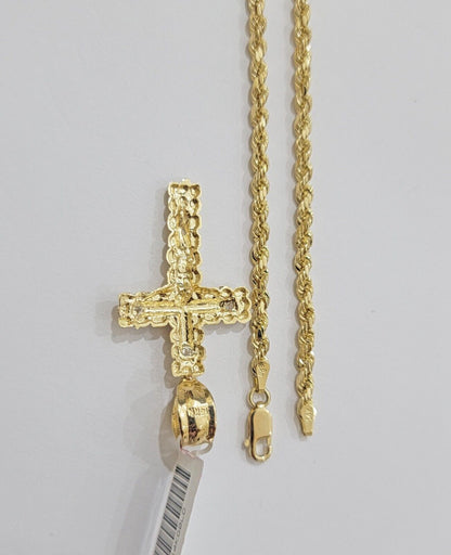 Real 14k Gold Rope Chain Necklace Jesus Cross Charm Pendant Set 16-28" inch 3mm