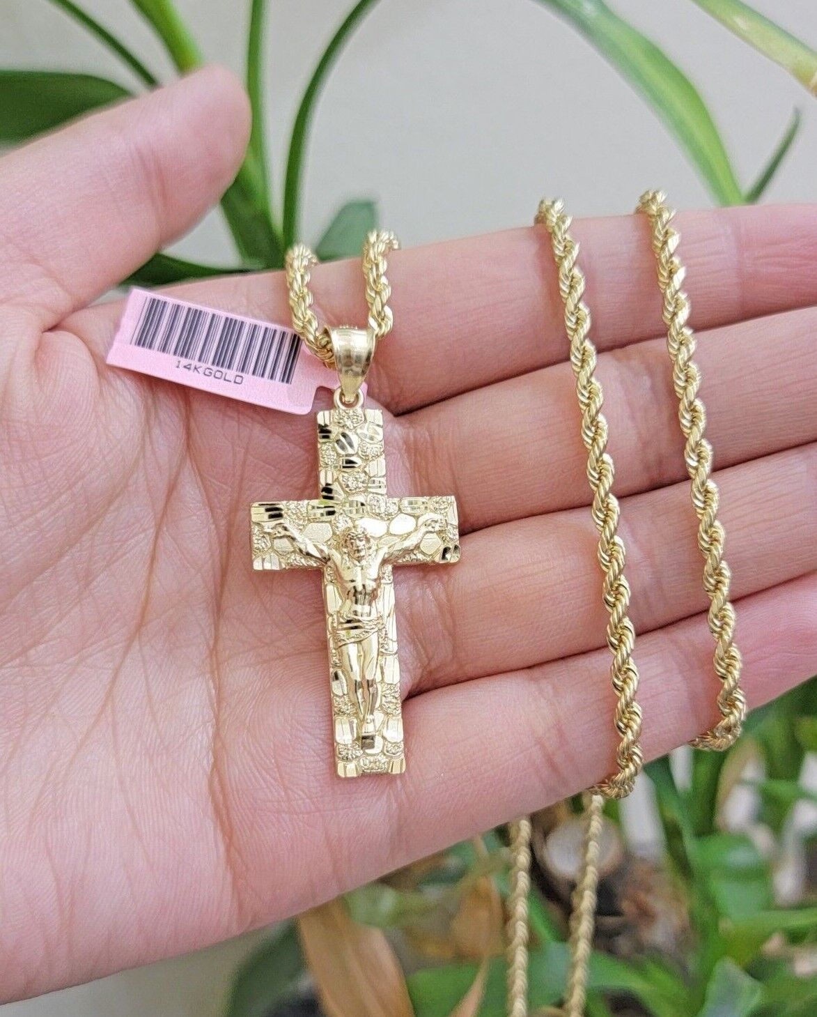 REAL 14k Gold Rope Chain Necklace Nugget Cross Charm Pendant SET 3mm 18 - 26 Inch - Reva Jeweler