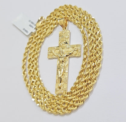 REAL 14k Gold Rope Chain Necklace Nugget Cross Charm Pendant SET 3mm 18 - 26 Inch - Reva Jeweler