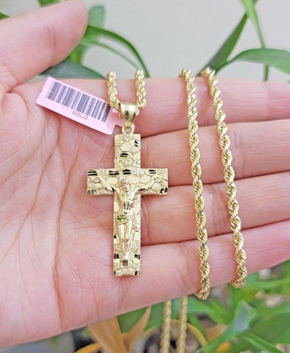 REAL 14k Gold Rope Chain Necklace Nugget Cross Charm Pendant SET 3mm 18 - 26 Inch - Reva Jeweler