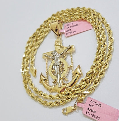 REAL 14k Gold Rope Necklace Anchor Charm Pendant SET SOLID 4mm 20 - 30" Necklace - Reva Jeweler