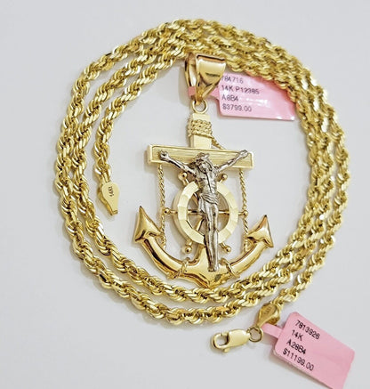 REAL 14k Gold Rope Necklace Anchor Charm Pendant SET SOLID 4mm 24 Inch Necklace - Reva Jeweler