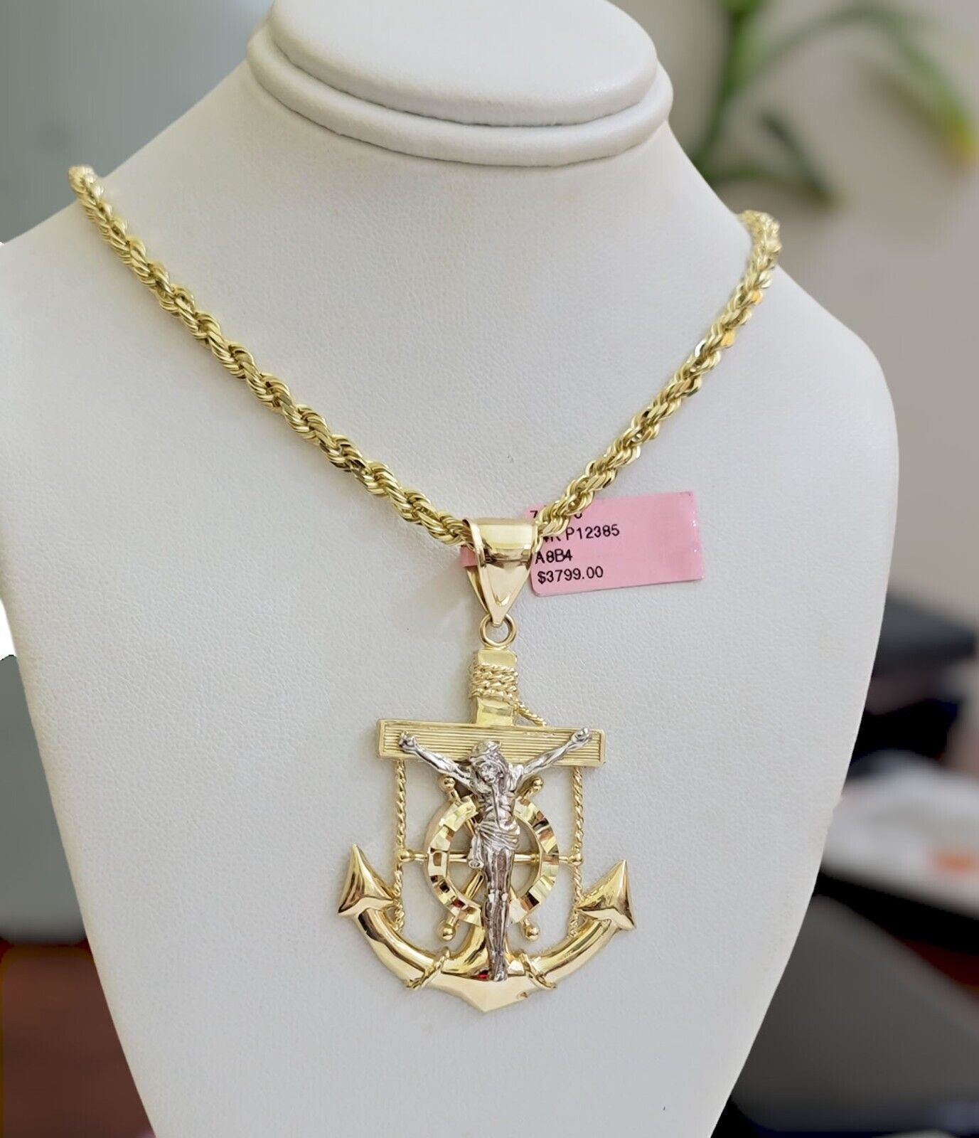 REAL 14k Gold Rope Necklace Anchor Charm Pendant SET SOLID 4mm 26 Inch Necklace - Reva Jeweler