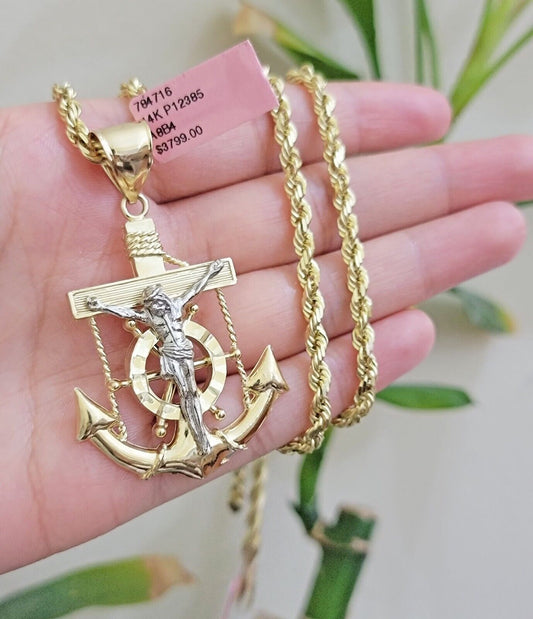 REAL 14k Gold Rope Necklace Anchor Charm Pendant SET SOLID 4mm 26 Inch Necklace - Reva Jeweler