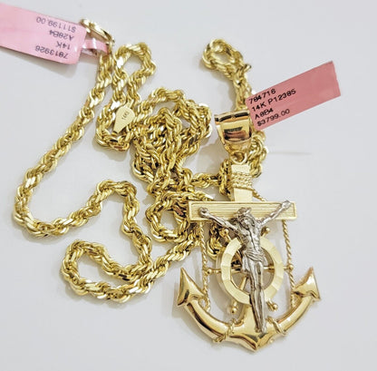REAL 14k Gold Rope Necklace Anchor Charm Pendant SET SOLID 4mm 26 Inch Necklace - Reva Jeweler