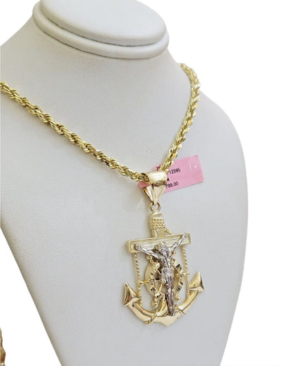 REAL 14k Gold Rope Necklace Anchor Charm Pendant SET SOLID 4mm 26 Inch Necklace - Reva Jeweler