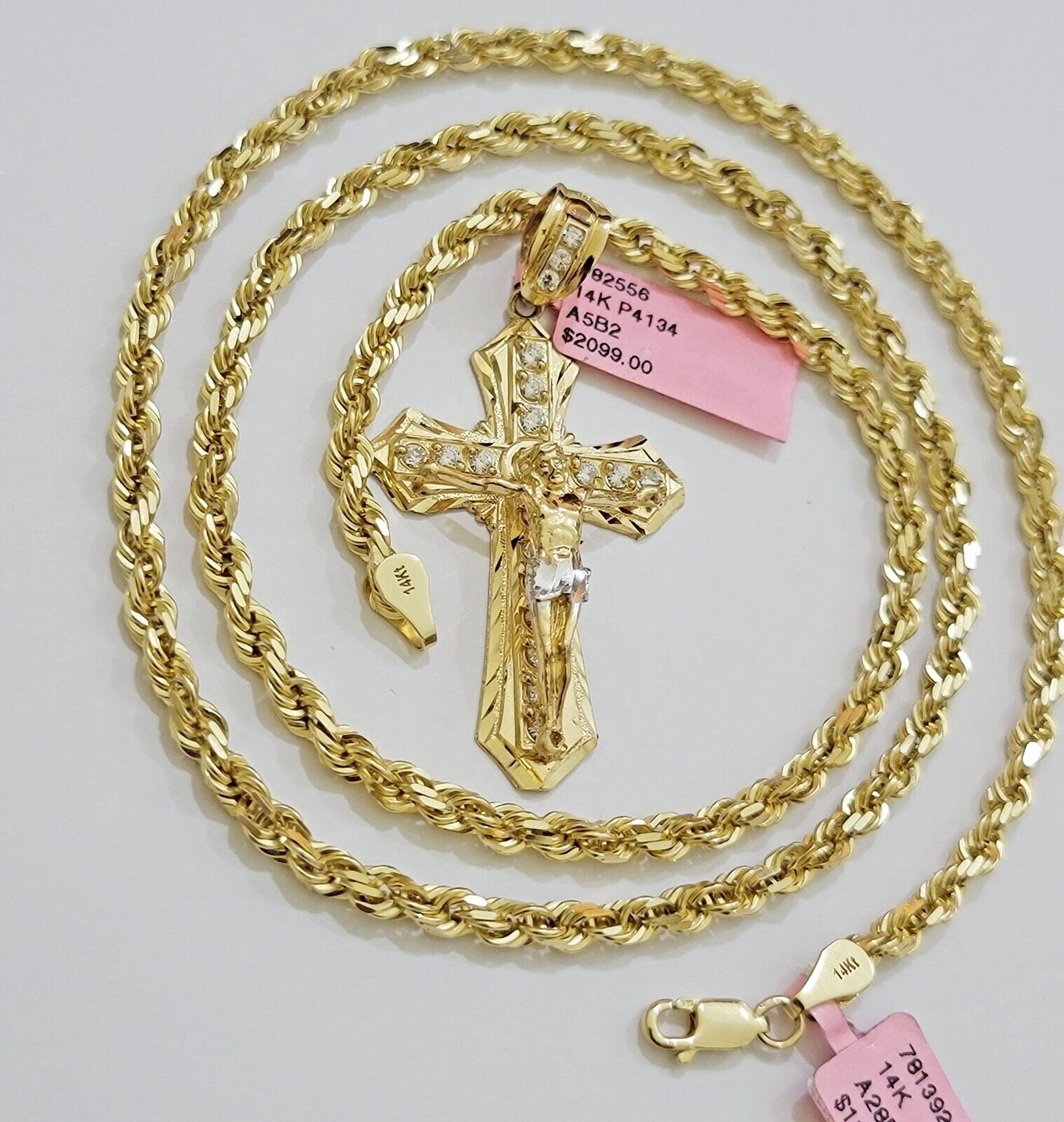 REAL 14k Gold Rope Necklace Cross Charm Pendant SET SOLID 4mm 20 - 30" Necklace - Reva Jeweler