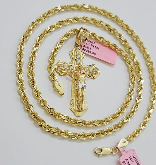 REAL 14k Gold Rope Necklace Cross Charm Pendant SET SOLID 4mm 20 - 30" Necklace - Reva Jeweler