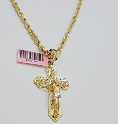 REAL 14k Gold Rope Necklace Cross Charm Pendant SET SOLID 4mm 20 - 30" Necklace - Reva Jeweler
