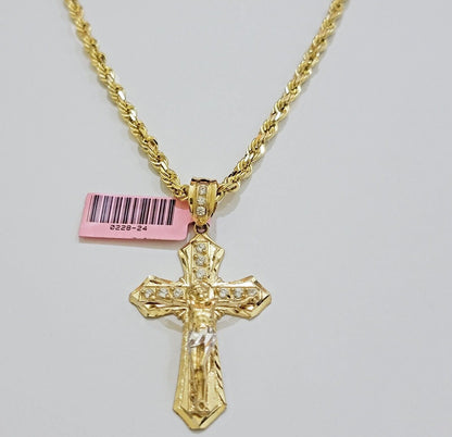 REAL 14k Gold Rope Necklace Cross Charm Pendant SET SOLID 4mm 20 - 30" Necklace - Reva Jeweler