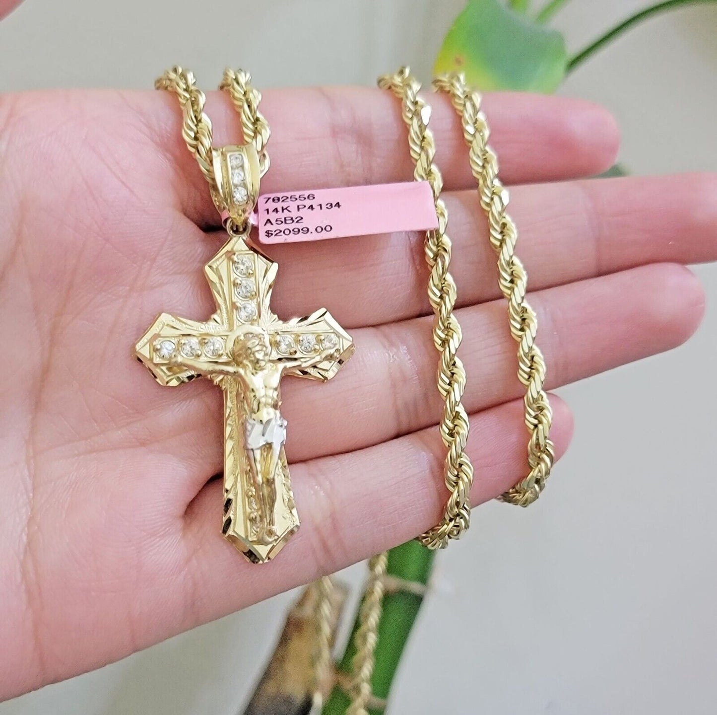 REAL 14k Gold Rope Necklace Cross Charm Pendant SET SOLID 4mm 20 - 30" Necklace - Reva Jeweler