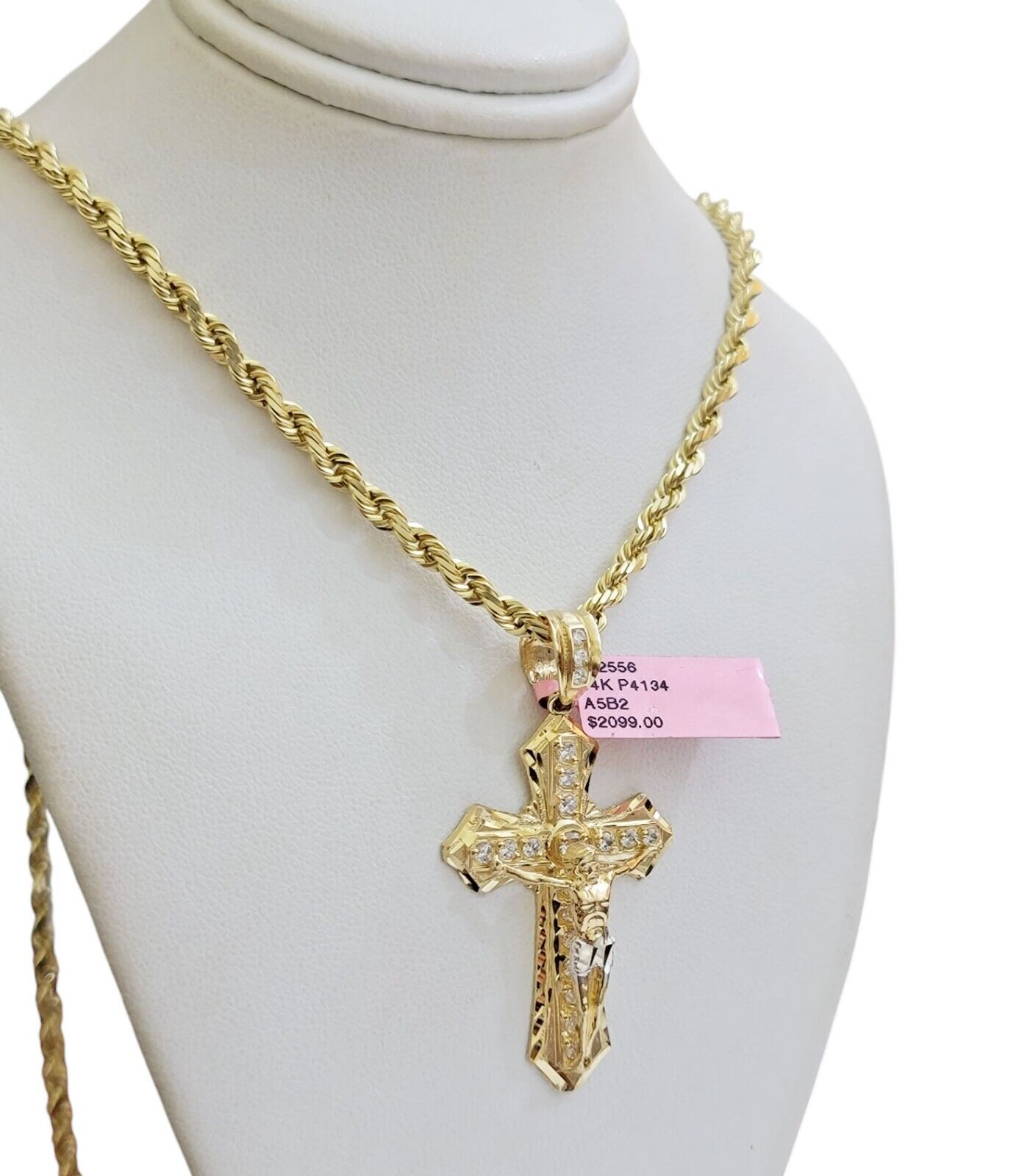 REAL 14k Gold Rope Necklace Cross Charm Pendant SET SOLID 4mm 20 - 30" Necklace - Reva Jeweler