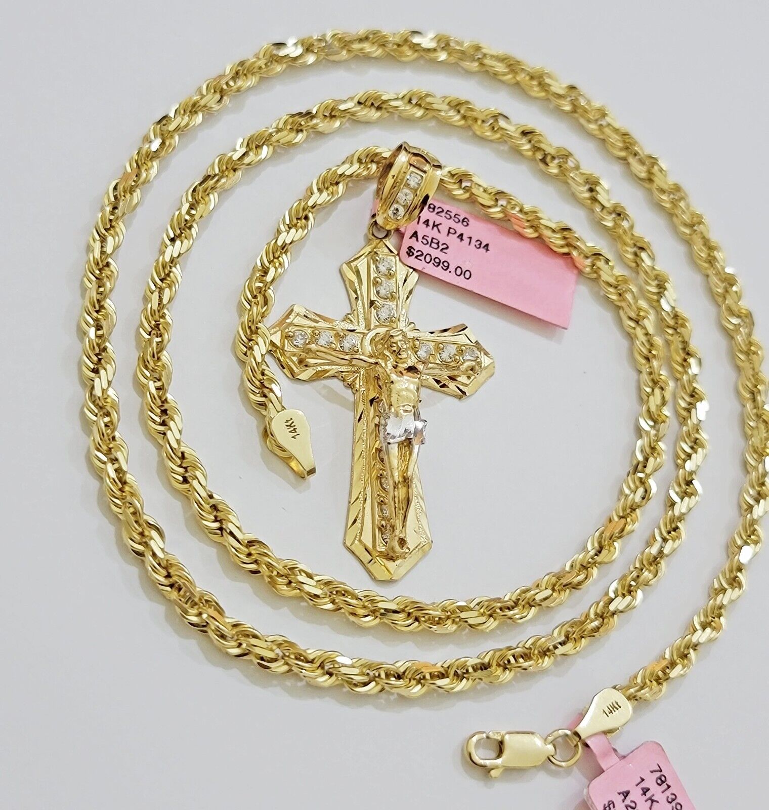 REAL 14k Gold Rope Necklace Cross Charm Pendant SET SOLID 4mm 20 - 30" Necklace - Reva Jeweler