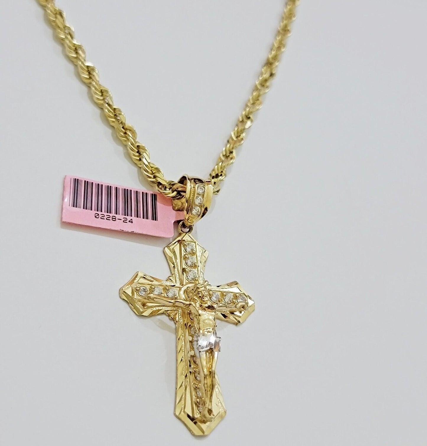REAL 14k Gold Rope Necklace Cross Charm Pendant SET SOLID 4mm 22 Inch Chain Mens