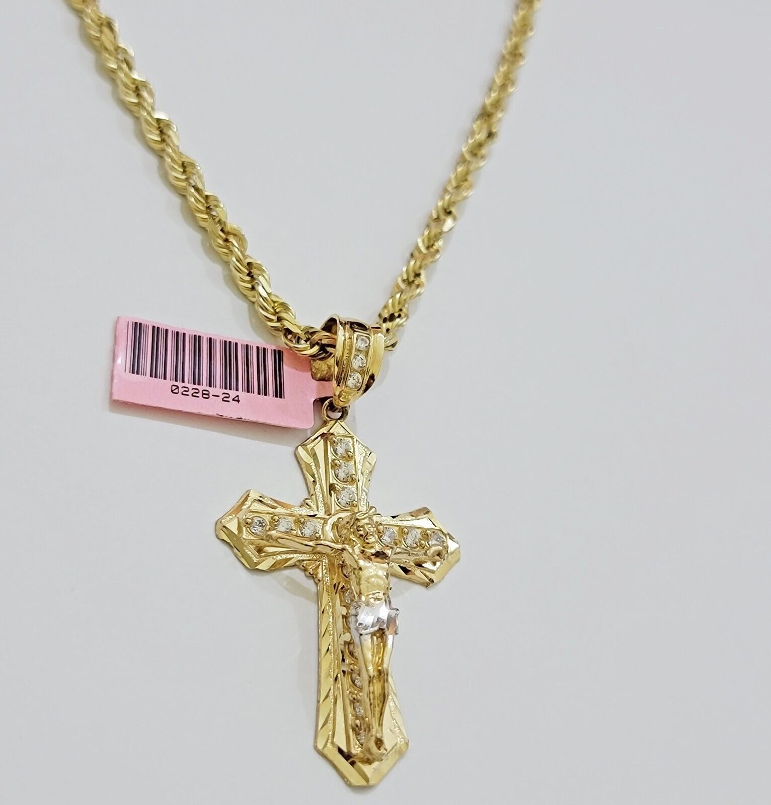 REAL 14k Gold Rope Necklace Cross Charm Pendant SET SOLID 4mm 22 Inch Chain Mens