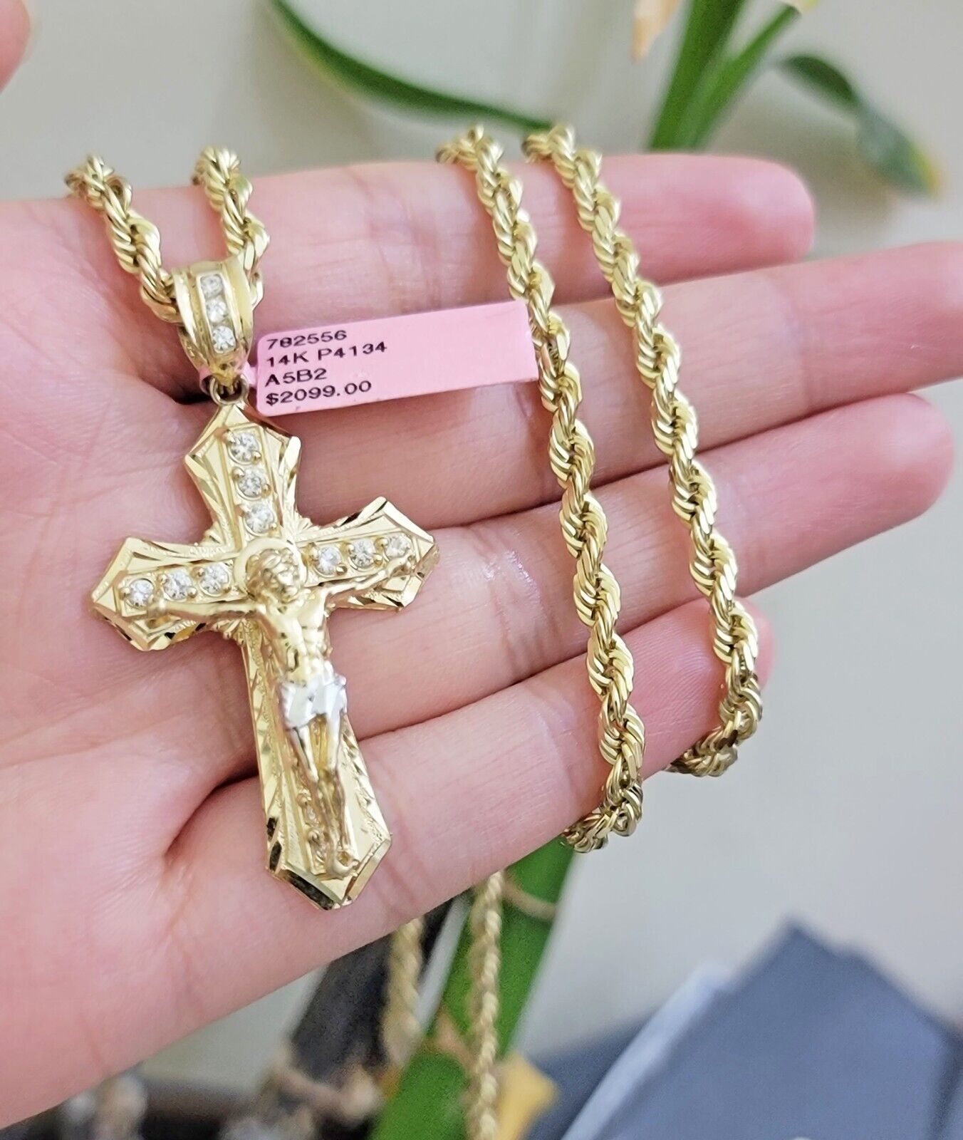REAL 14k Gold Rope Necklace Cross Charm Pendant SET SOLID 4mm 22 Inch Chain Mens