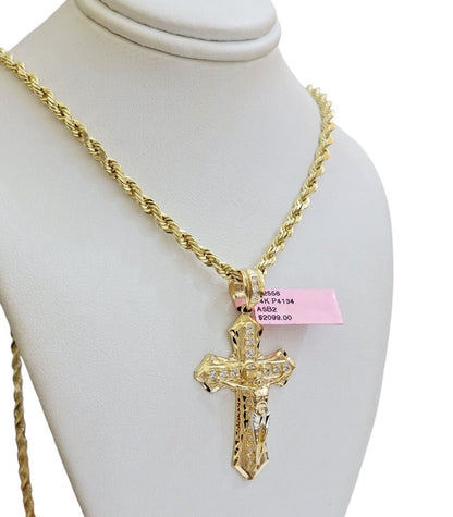 REAL 14k Gold Rope Necklace Cross Charm Pendant SET SOLID 4mm 24 Inch Chain Mens