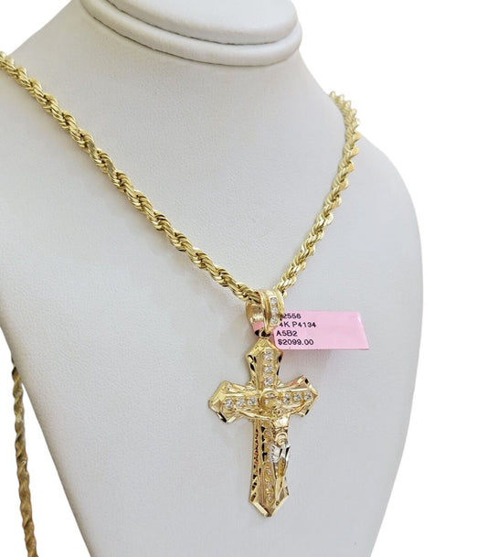 REAL 14k Gold Rope Necklace Cross Charm Pendant SET SOLID 4mm 24 Inch Chain Mens