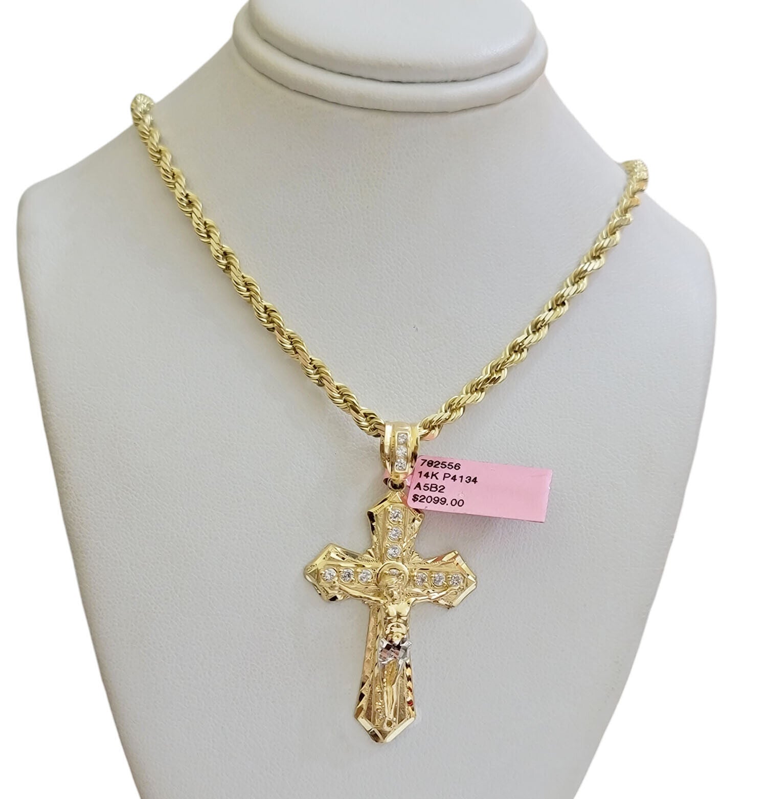 REAL 14k Gold Rope Necklace Cross Charm Pendant SET SOLID 4mm 26 Inch Chain Mens