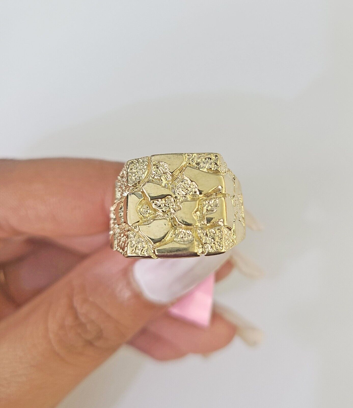 Real 14k Nugget Ring Yellow Gold Men Casual Flat Square 10kt - GoldenlinQ