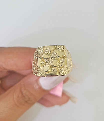 Real 14k Nugget Ring Yellow Gold Men Casual Flat Square 10kt - GoldenlinQ