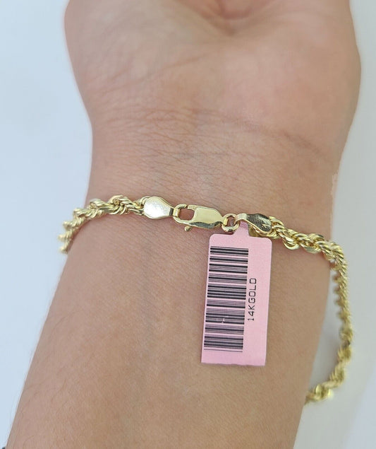 Real 14k Rope Bracelet Solid Yellow Gold 4mm 8.5 Inch Men women Diamond Cut - GoldenlinQ