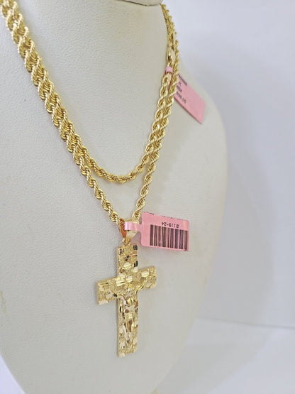 Real 14k Rope Chain Jesus Cross Charm Set Yellow Gold 3mm 18" - 26" Necklace - GoldenlinQ