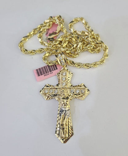 Real 14k Rope Chain Jesus Cross Charm Yellow Gold Set 5mm 20" - 30" Necklace - Reva Jeweler