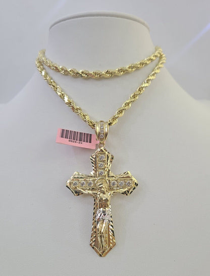 Real 14k Rope Chain Jesus Cross Charm Yellow Gold Set 5mm 20" - 30" Necklace - Reva Jeweler