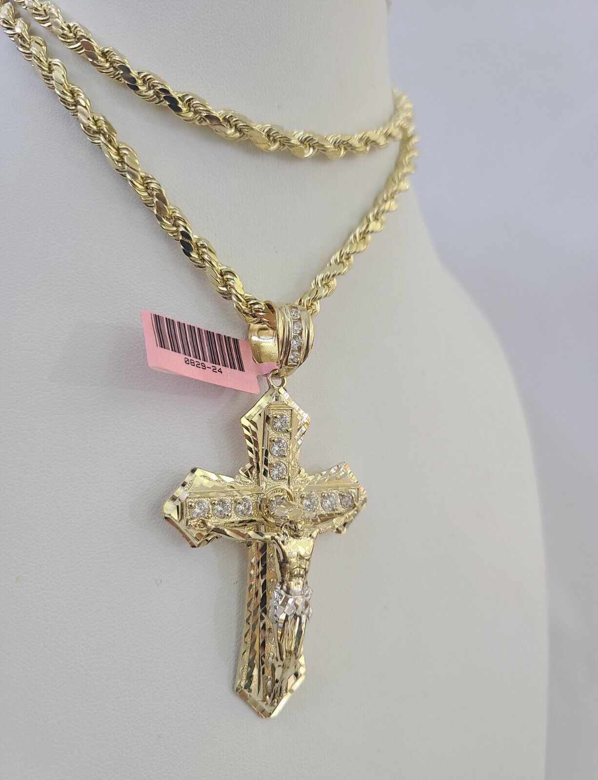 Real 14k Rope Chain Jesus Cross Charm Yellow Gold Set 5mm 20" - 30" Necklace - Reva Jeweler
