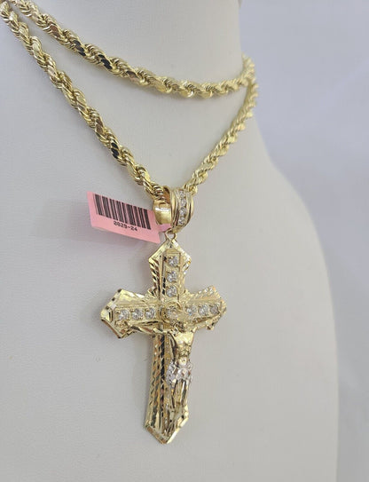 Real 14k Rope Chain Jesus Cross Charm Yellow Gold Set 5mm 20" - 30" Necklace - Reva Jeweler