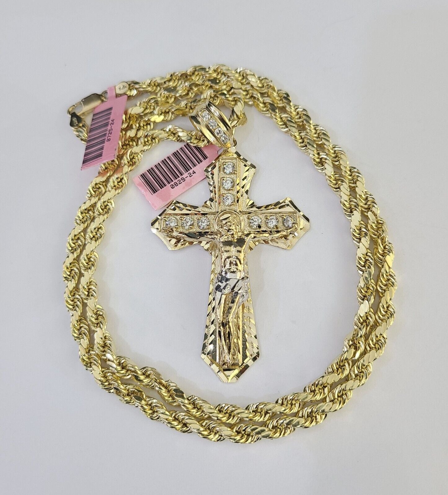 Real 14k Rope Chain Jesus Cross Charm Yellow Gold Set 5mm 20" - 30" Necklace - Reva Jeweler
