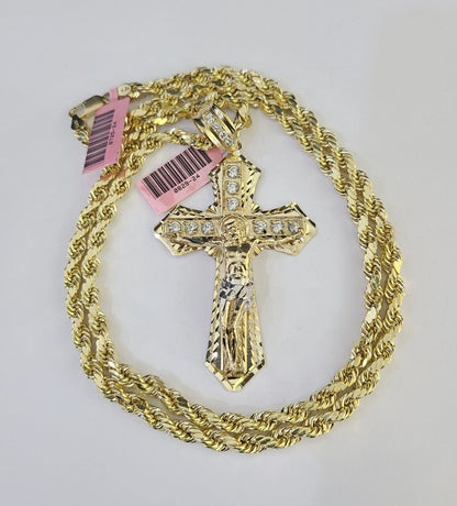 Real 14k Rope Chain Jesus Cross Charm Yellow Gold Set 5mm 20" - 30" Necklace - Reva Jeweler