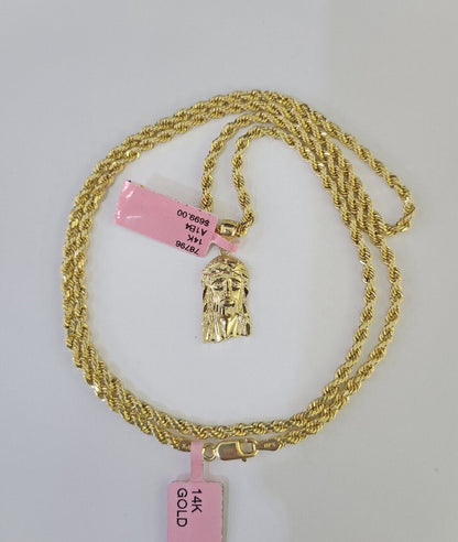 Real 14k Rope Chain Jesus Head Charm Set Yellow Gold 3mm 18 - 30" Necklace Pendant - GoldenlinQ