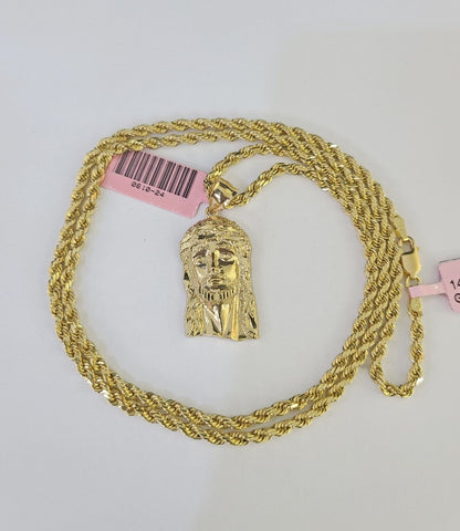 Real 14k Rope Chain Jesus Head Charm Set Yellow Gold 3mm 18 - 30" Necklace Pendant - GoldenlinQ
