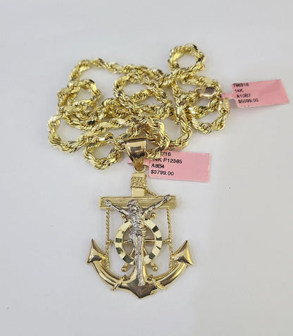 Real 14k Rope Chain Mayan Calendar Charm Yellow Gold Set 5mm 20"-30" Necklace