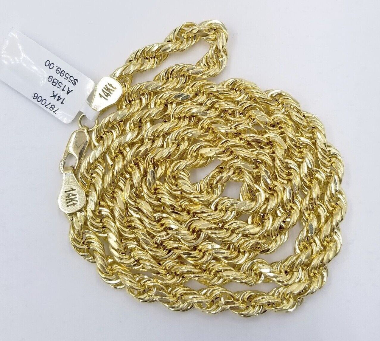 Real 14k Rope Chain Necklace 5mm 14kt Yellow Gold 18" 20" 22" 24" 26" inch Mens - Reva Jeweler