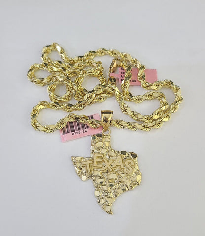Real 14k Rope Chain Texas Map Charm Yellow Gold Set 5mm 20"-30" Necklace