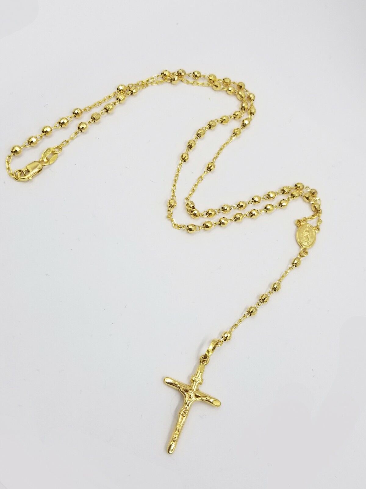 Real 14k Rosary Yellow Gold Diamond Cut Jesus Crucifix Necklace 21" Solid Chain