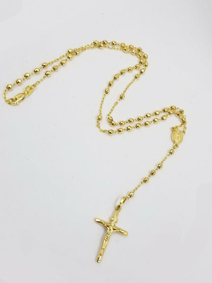 Real 14k Rosary Yellow Gold Diamond Cut Jesus Crucifix Necklace 21" Solid Chain