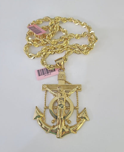Real 14k Solid Rope Chain Jesus Anchor Charm Set 6mm 18"-30" Necklace Gold