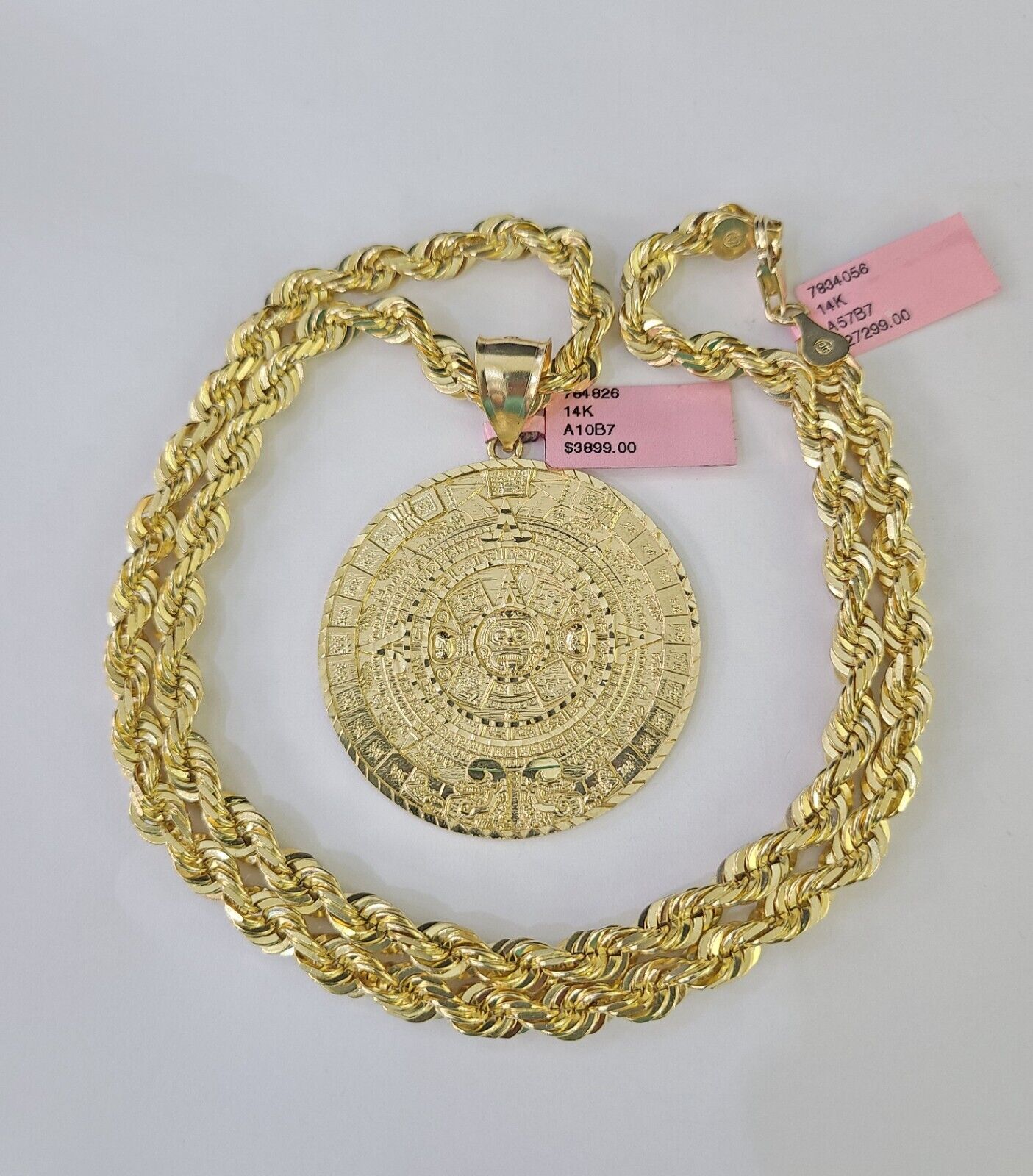 Real 14k Solid Rope Chain Mayan Calendar Charm Set 6mm 18"-30" Necklace Gold