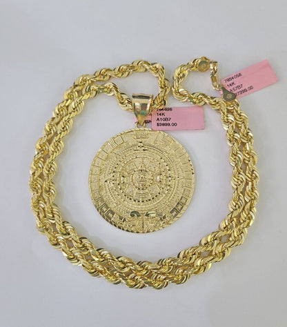 Real 14k Solid Rope Chain Mayan Calendar Charm Set 6mm 18"-30" Necklace Gold